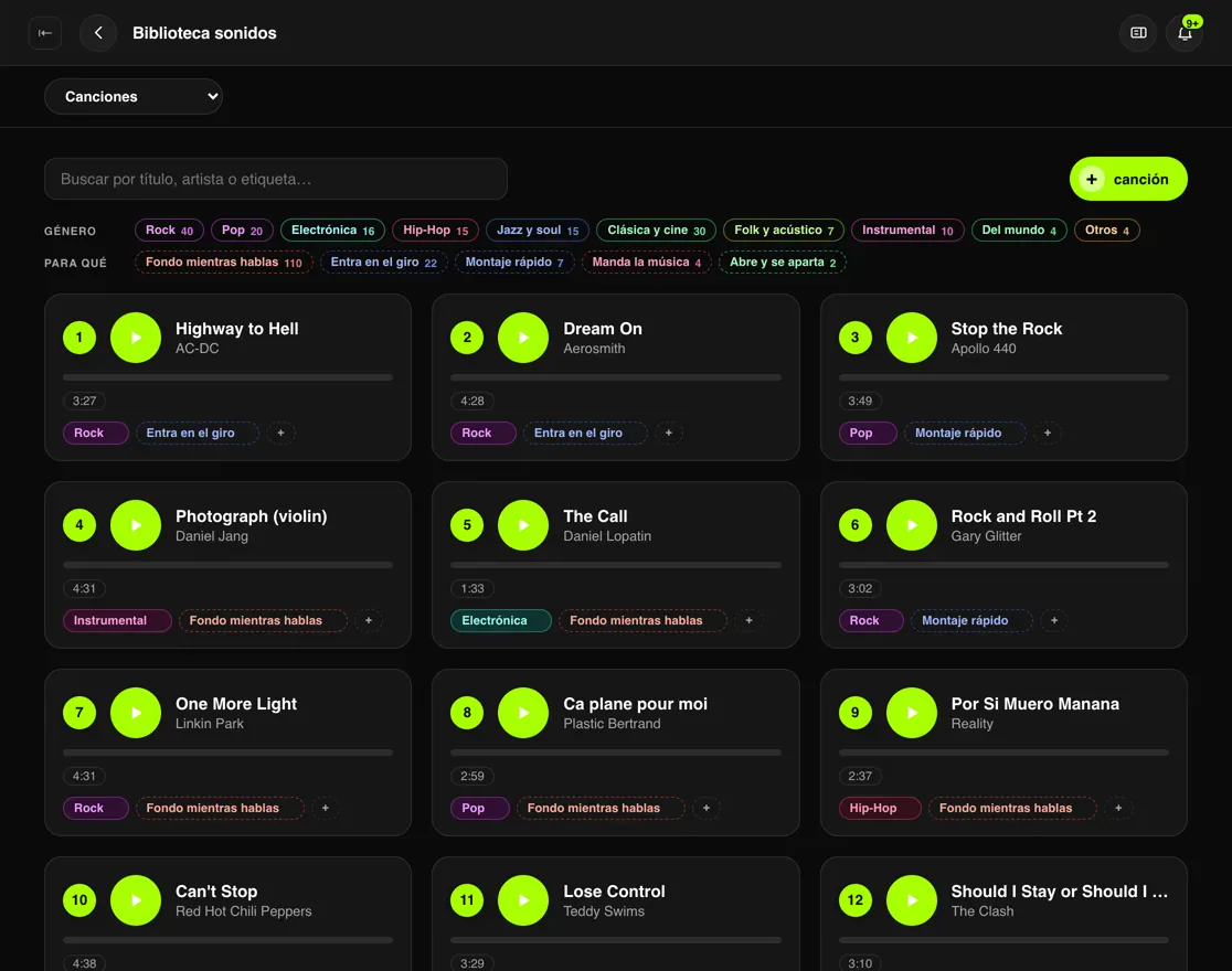 La biblioteca de sonidos dentro de la app: canciones con su género y para qué sirve cada una